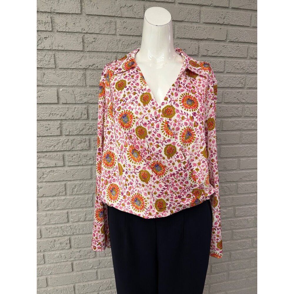 Bunulu Women’s Long Fan Sleeve Wrap Front Blouse Size L